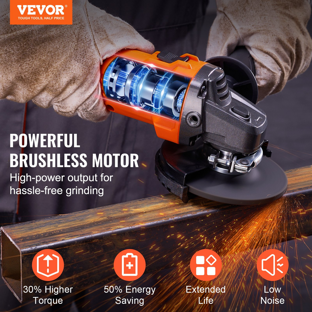 Kit de amoladora angular inalámbrica VEVOR motor sin escobillas de 4-1/2'' y 9000 rpm 3 velocidades variables con batería de 20 V 4,0 Ah y cargador rápido