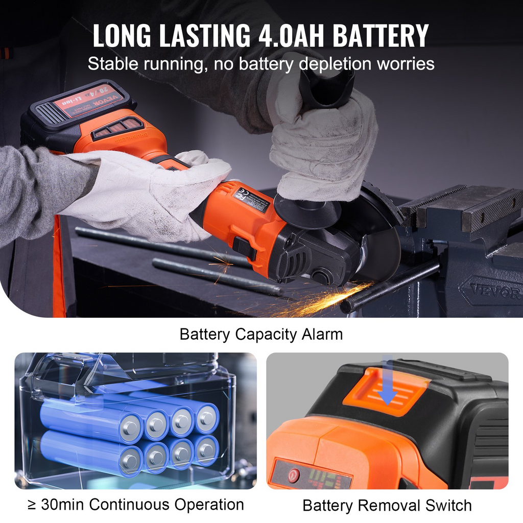 Kit de amoladora angular inalámbrica VEVOR motor sin escobillas de 4-1/2'' y 9000 rpm 3 velocidades variables con batería de 20 V 4,0 Ah y cargador rápido