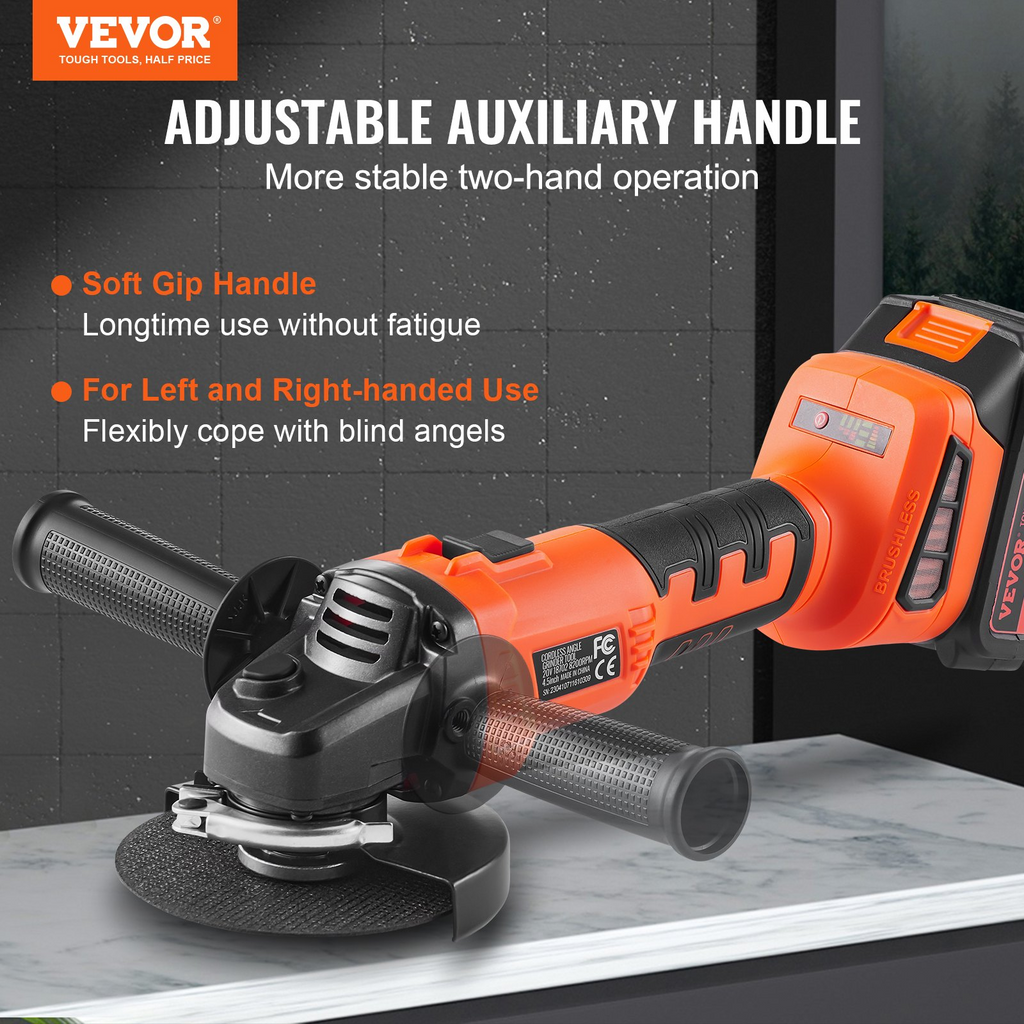 Kit de amoladora angular inalámbrica VEVOR motor sin escobillas de 4-1/2'' y 9000 rpm 3 velocidades variables con batería de 20 V 4,0 Ah y cargador rápido