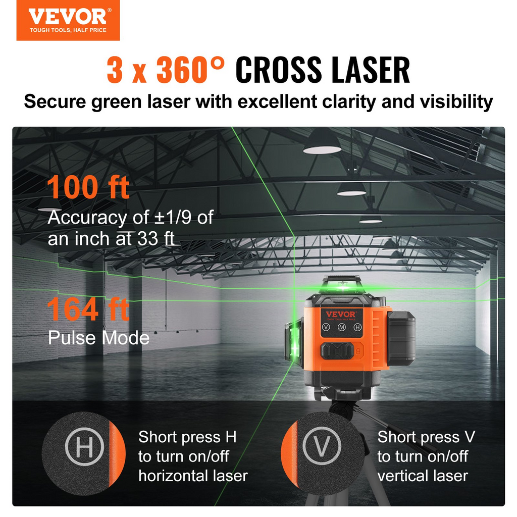 Nivel láser autonivelante VEVOR de 100 pies verde manual de 3 líneas cruzadas de 360°