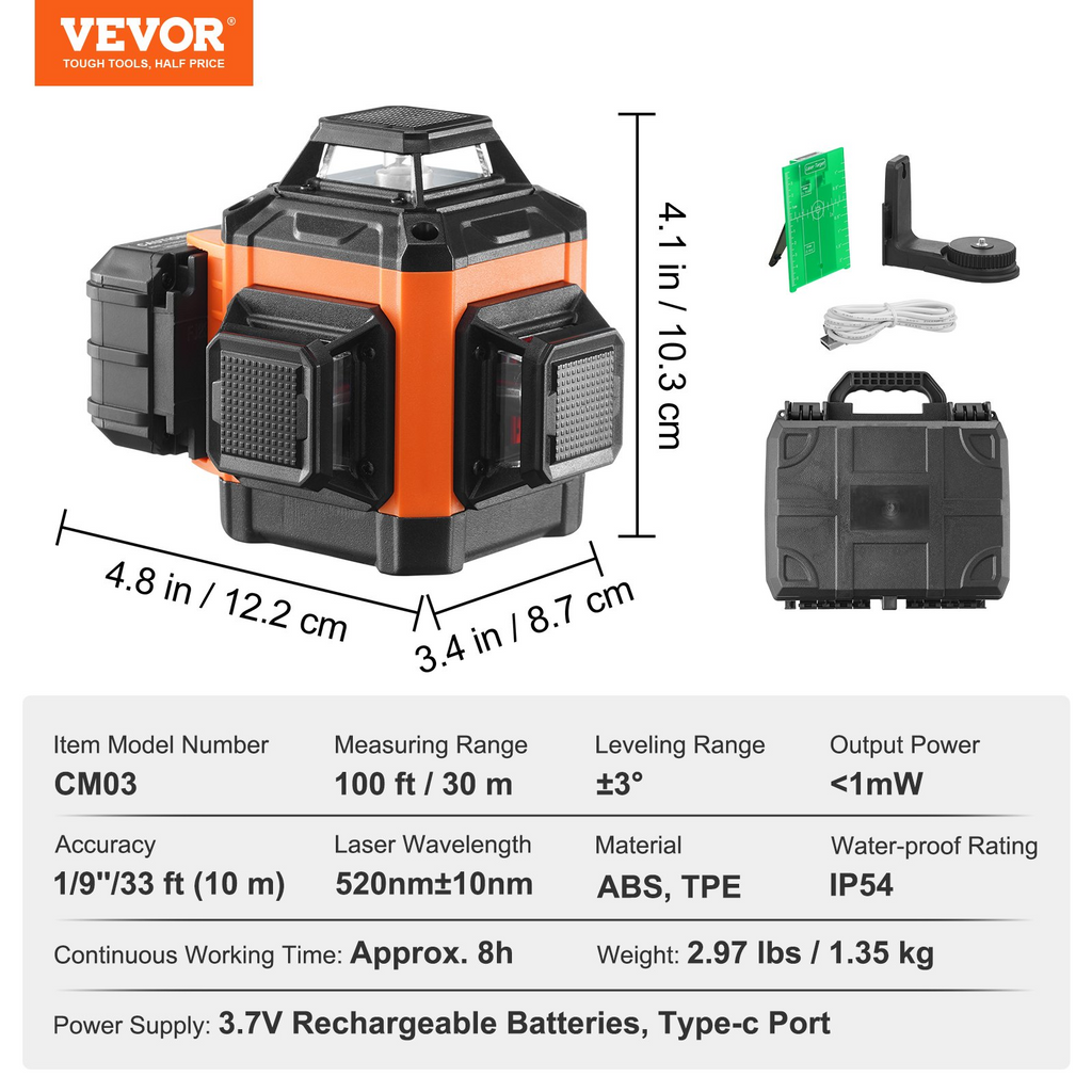 Nivel láser autonivelante VEVOR de 100 pies verde manual de 3 líneas cruzadas de 360°