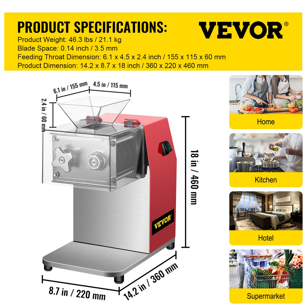 VEVOR Máquina cortadora de carne comercial 551 lb/h 850 W con cuchilla de 3,5 mm