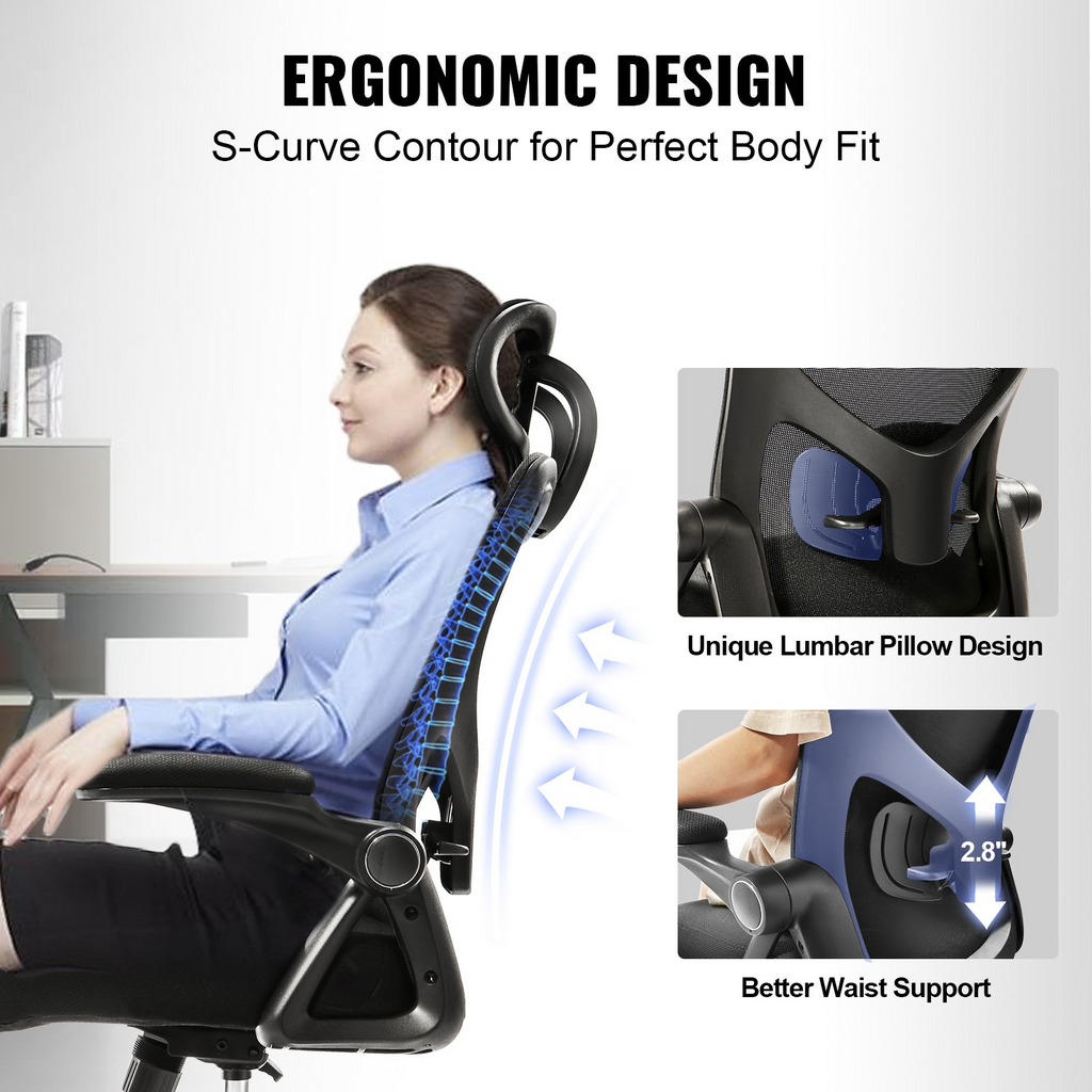 Silla de oficina VEVOR con soporte lumbar ajustable, silla de escritorio ergonómica de respaldo alto con reposacabezas ajustable,  ergonómica con reposabrazos