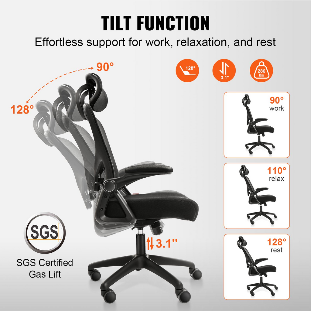 Silla de oficina VEVOR con soporte lumbar ajustable, silla de escritorio ergonómica de respaldo alto con reposacabezas ajustable,  ergonómica con reposabrazos