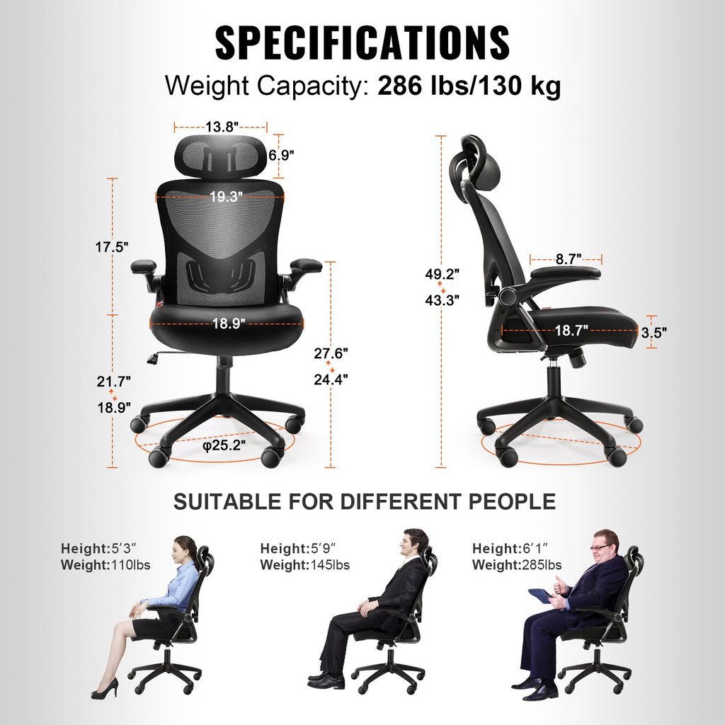 Silla de oficina VEVOR con soporte lumbar ajustable, silla de escritorio ergonómica de respaldo alto con reposacabezas ajustable,  ergonómica con reposabrazos