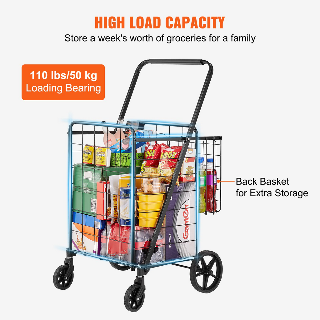 VEVOR Carrito de compras plegable con ruedas giratorias de 360° capacidad de 110 libras