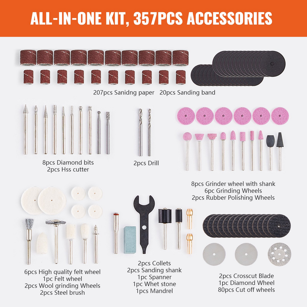 Kit de accesorios de 357 piezas vástago de 1/8" de diámetro para esmerilar tallar lijar cortar y taladrar