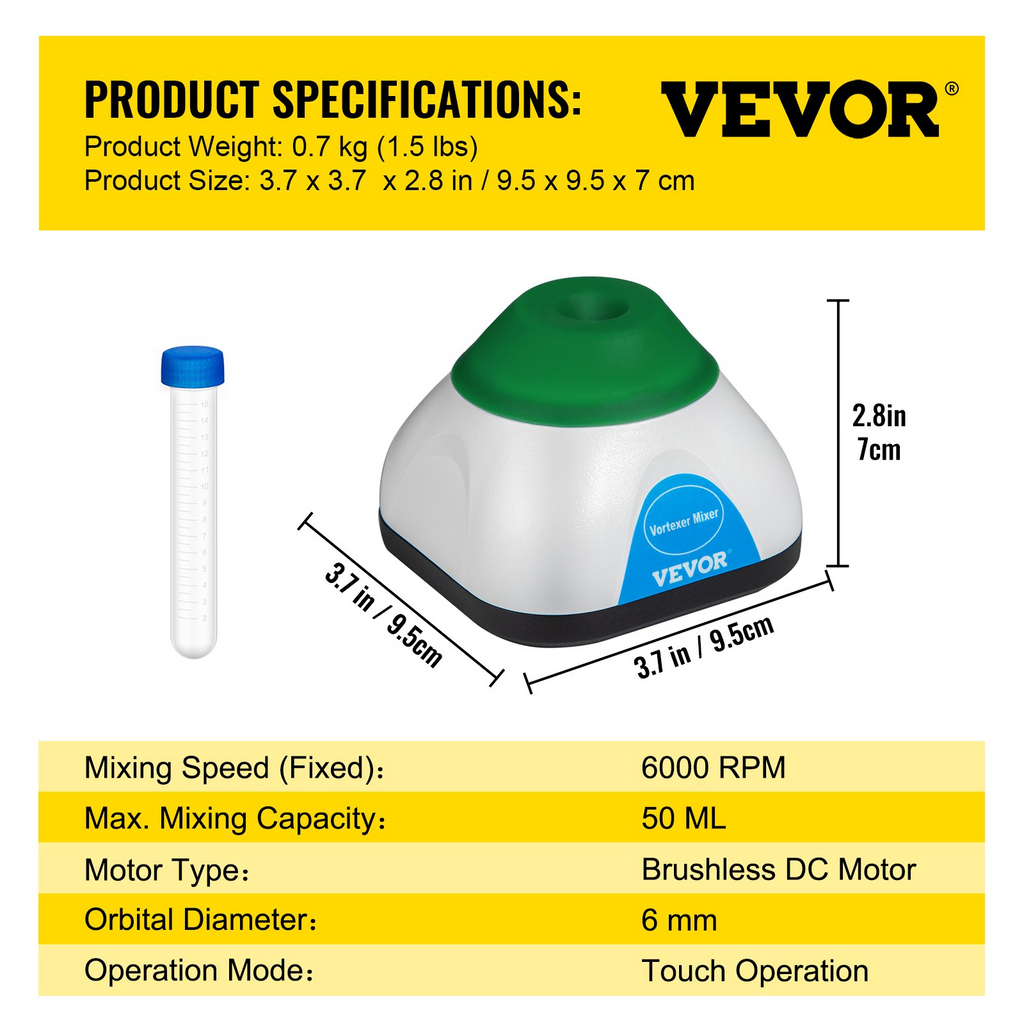 Mini mezclador de vórtice de 6000 rpm función táctil carga USB 50 ml diámetro orbital 6 mm