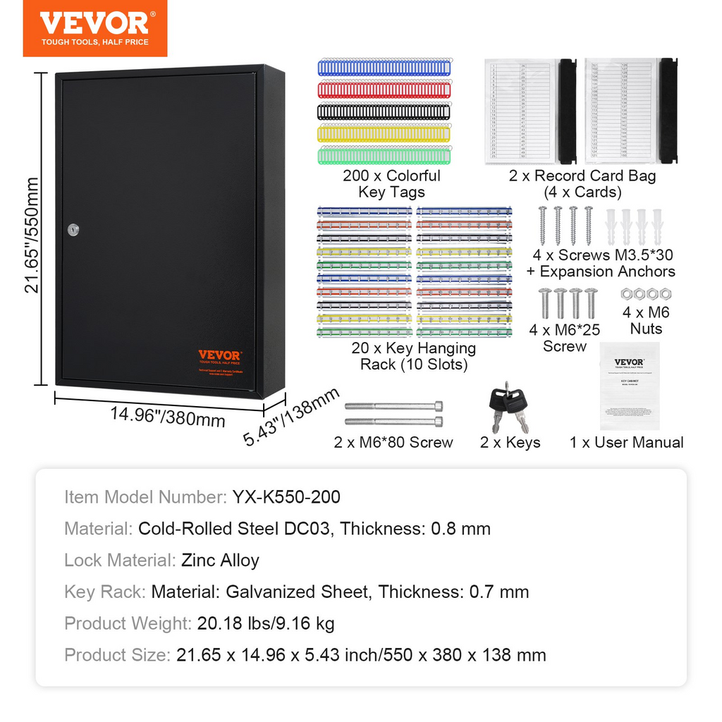 Armario para 200 llaves caja de seguridad con estantes ajustables con 200 etiquetas de llaves de colores y 4 tarjetas de registro