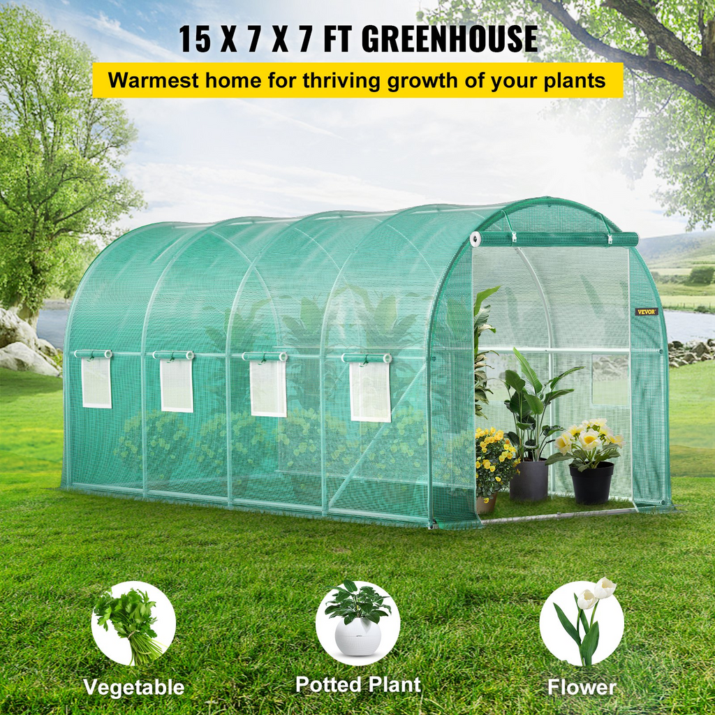 Invernadero de túnel portátil VEVOR de 15 x 7 x 7 pies con aros de acero galvanizado 1 viga superior 8 ventanas enrollables