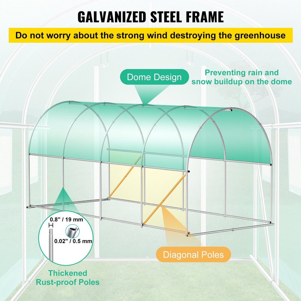 Invernadero de túnel portátil VEVOR de 15 x 7 x 7 pies con aros de acero galvanizado 1 viga superior 8 ventanas enrollables