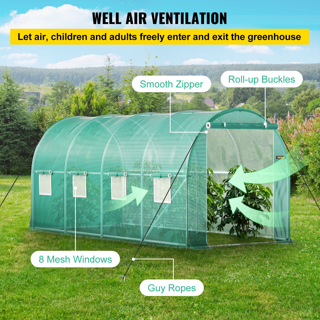 Invernadero de túnel portátil VEVOR de 15 x 7 x 7 pies con aros de acero galvanizado 1 viga superior 8 ventanas enrollables