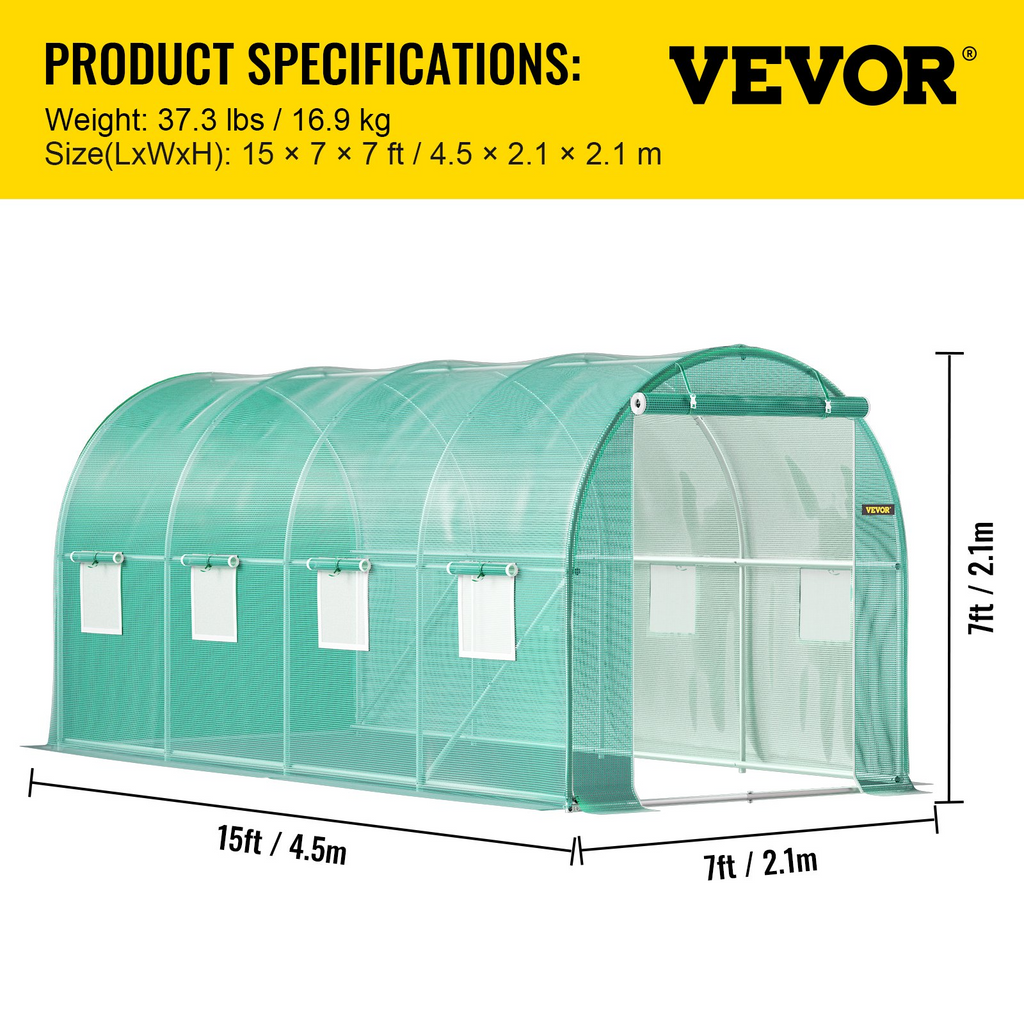 Invernadero de túnel portátil VEVOR de 15 x 7 x 7 pies con aros de acero galvanizado 1 viga superior 8 ventanas enrollables