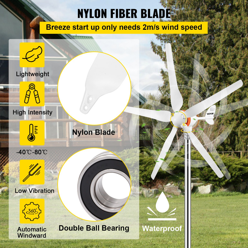 Generador de turbina eólica VEVOR de 12 V/CA 500 W con controlador MPPT 5 aspas
