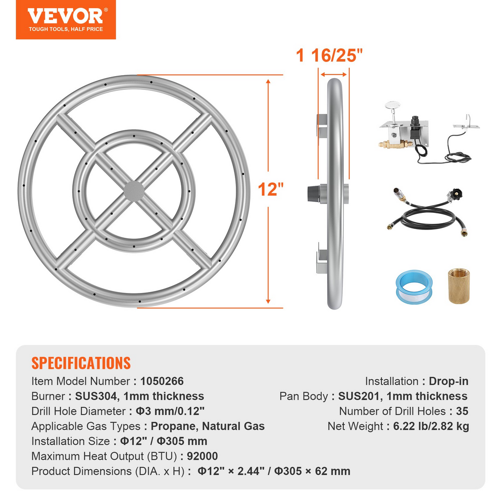 VEVOR - Fogón redondo empotrable de 12 pulgadas a gas natural y propano con 92 000 BTU