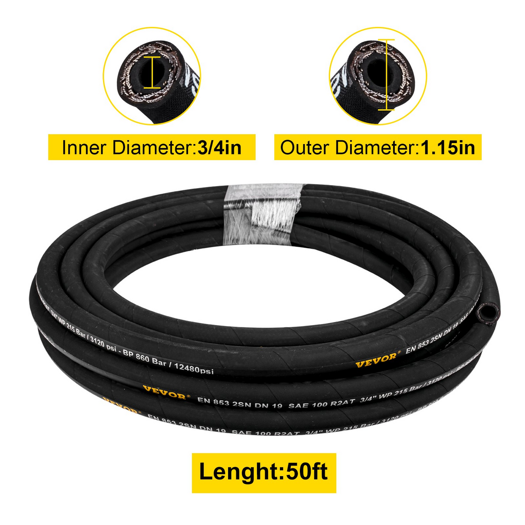 Manguera hidráulica VEVOR de 3/4 de pulgada x 50 pies 3120 PSI  -20 ℃ a 140 ℃