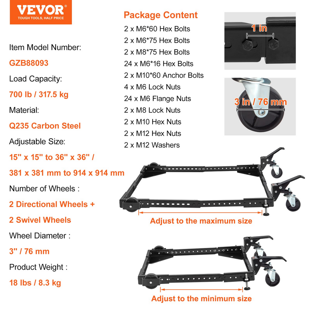 Base móvil VEVOR capacidad de peso de 700 lb ajustable de 15" x 15" a 36" x 36"