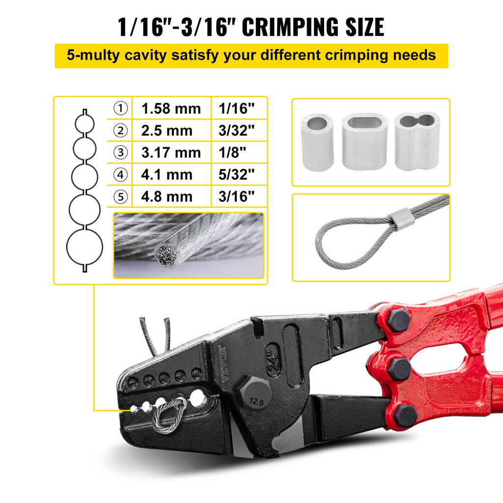 VEVOR - Crimpadora manual de 24 pulgadas herramienta de estampación de 5 cavidades de 1/16", 3/32", 1/8", 5/32", 3/16"