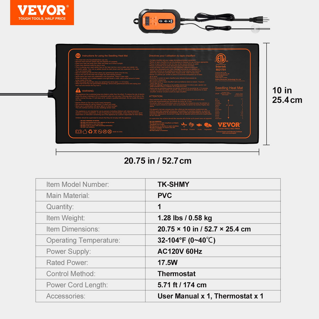 VEVOR - Juego combinado de alfombrilla térmica para plántulas de 10" x 20,75" con termostato digital