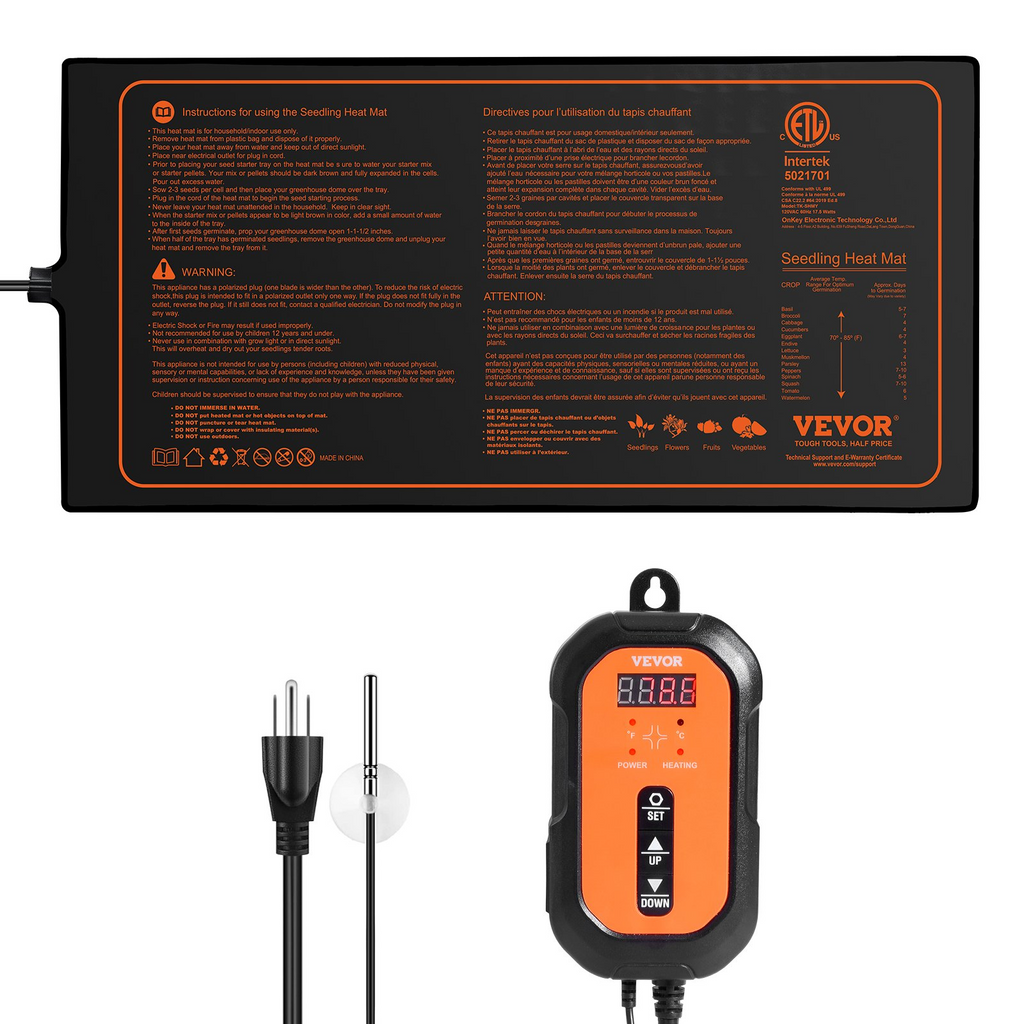 VEVOR - Juego combinado de alfombrilla térmica para plántulas de 10" x 20,75" con termostato digital