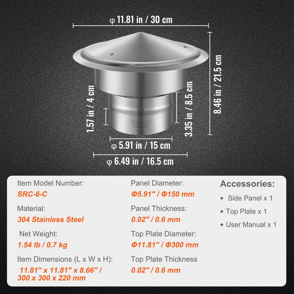 VEVOR - Tapa de chimenea de acero inoxidable de 6 pulgadas tapas aumentadas de 11,81 pulgadas