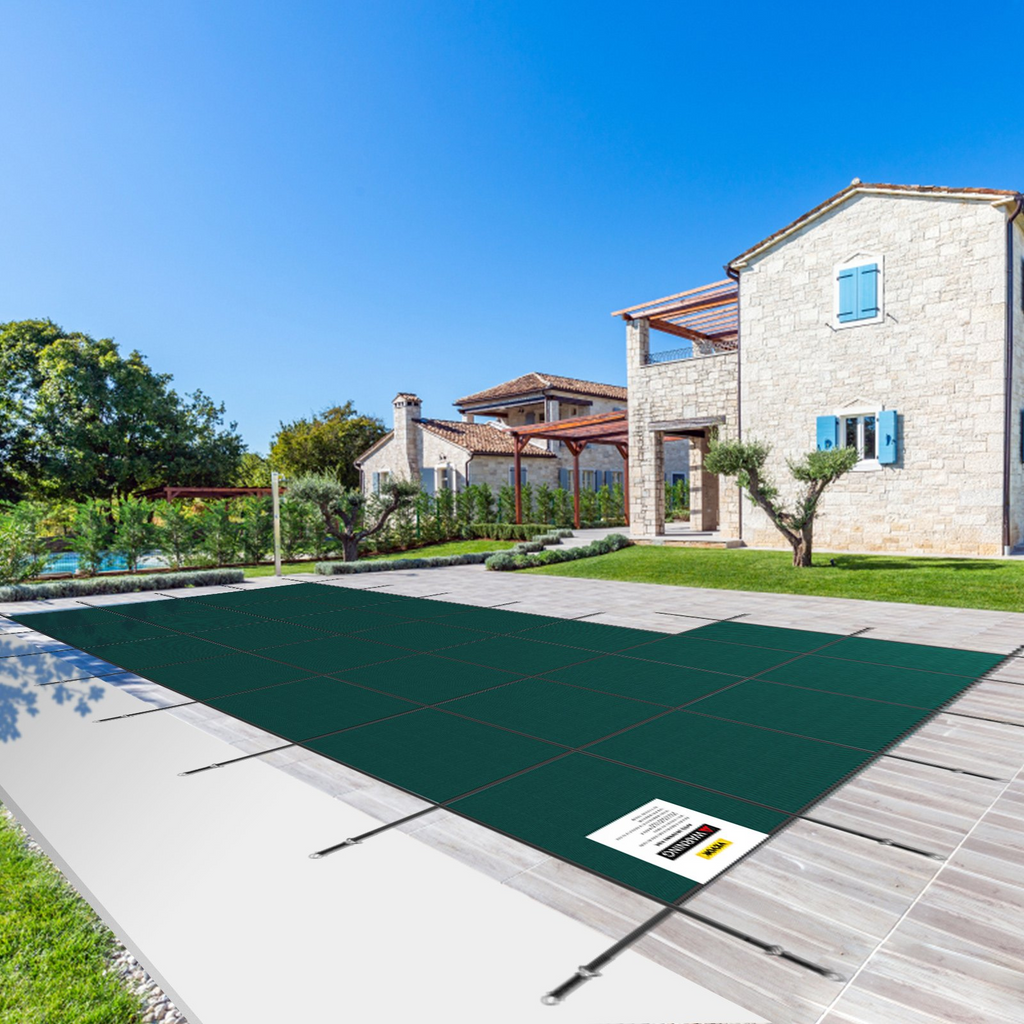 Cubierta de seguridad para piscina de 20 pies x 38 pies con escalón derecho triple costura