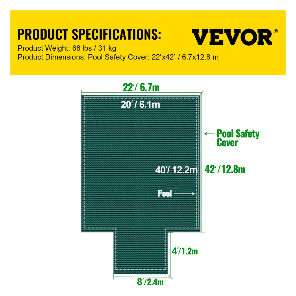 VEVOR - Cubierta de seguridad para piscinas rectangulares de 20 x 40 pies malla verde con escalones en el extremo central de 4 x 8 pies