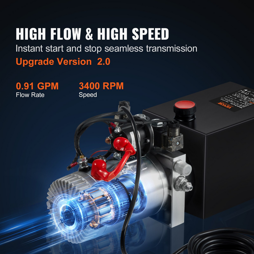 Bomba hidráulica VEVOR, unidad de potencia hidráulica de 8 cuartos, bomba de remolque de volteo de doble acción, caudal de 0,91 GPM, presión de alivio máxima de 3200 PSI, bomba hidráulica de 12 V CC