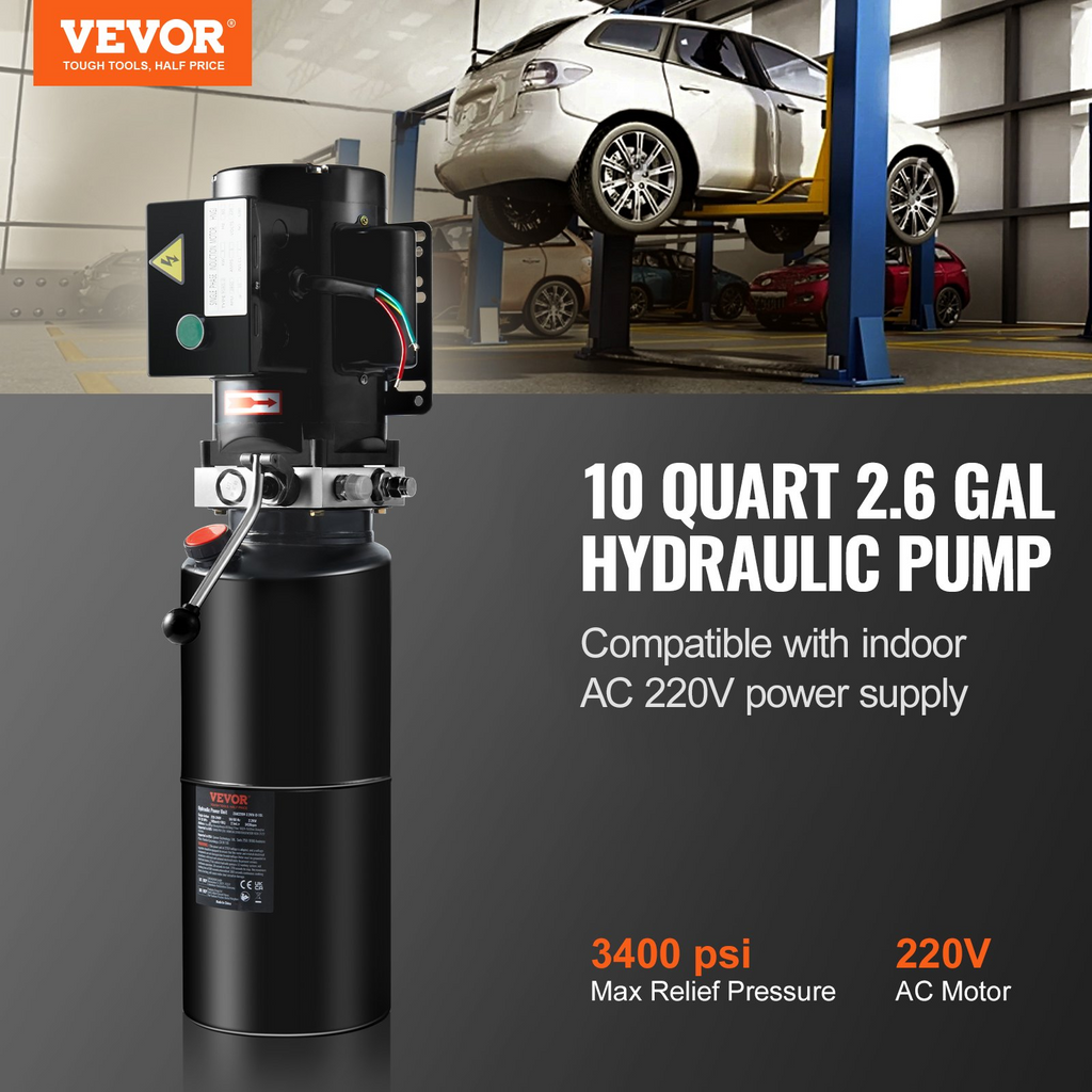 Bomba hidráulica VEVOR, unidad de potencia hidráulica de 10 cuartos, bomba de remolque de volteo de acción simple, caudal de 1,7 GPM, presión de alivio máxima de 3200 PSI, bomba hidráulica de 220 V CA para elevación de automóviles