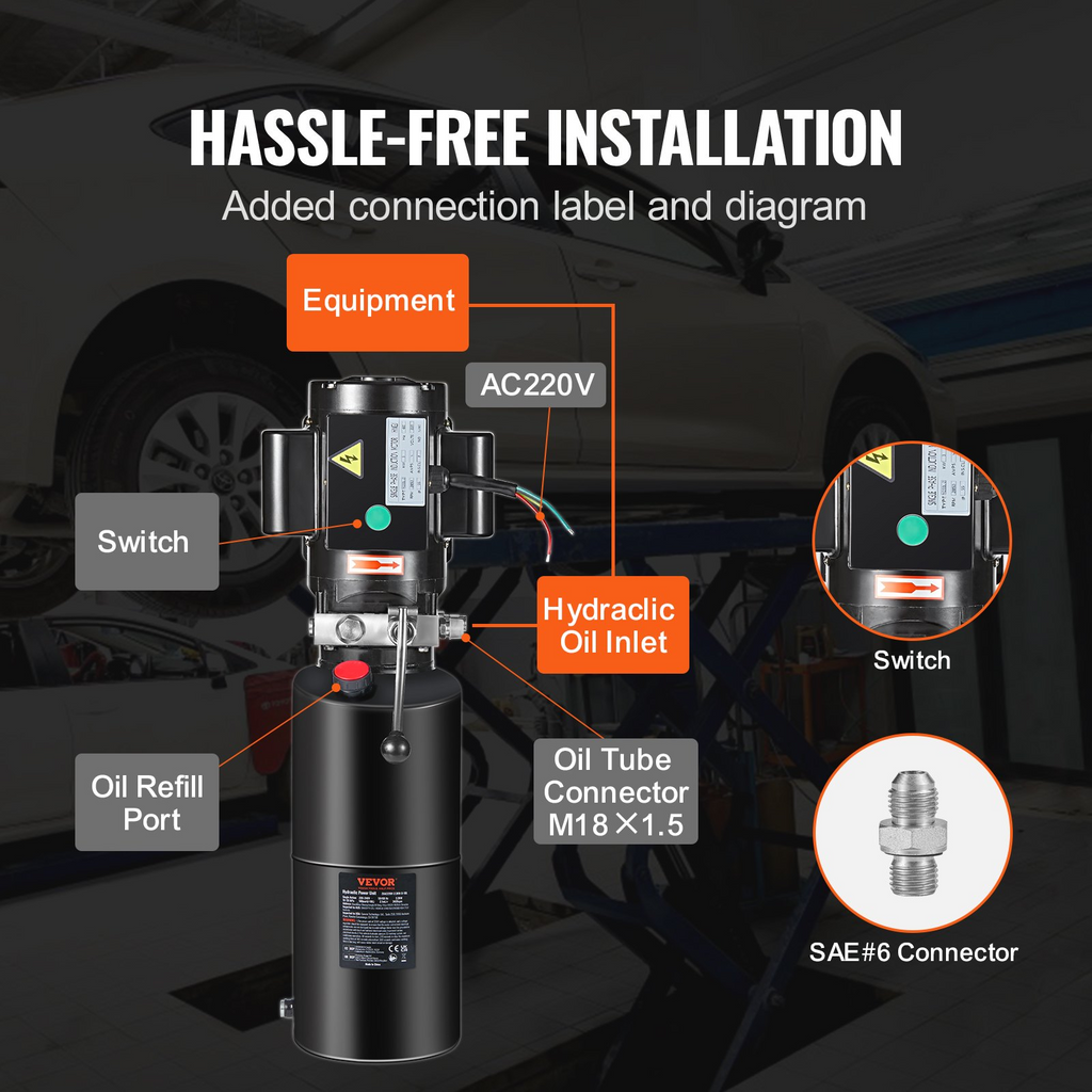 Bomba hidráulica VEVOR, unidad de potencia hidráulica de 10 cuartos, bomba de remolque de volteo de acción simple, caudal de 1,7 GPM, presión de alivio máxima de 3200 PSI, bomba hidráulica de 220 V CA para elevación de automóviles