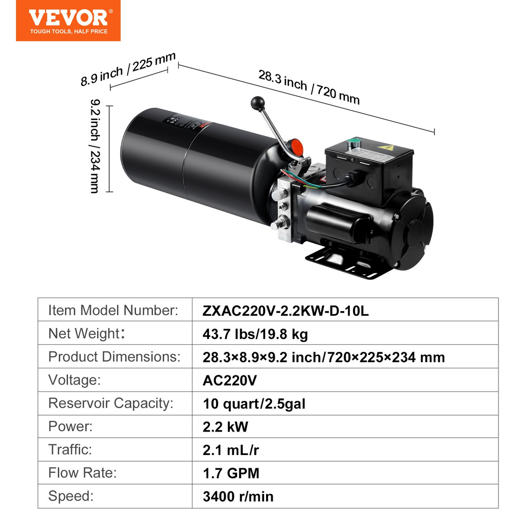 Bomba hidráulica VEVOR, unidad de potencia hidráulica de 10 cuartos, bomba de remolque de volteo de acción simple, caudal de 1,7 GPM, presión de alivio máxima de 3200 PSI, bomba hidráulica de 220 V CA para elevación de automóviles