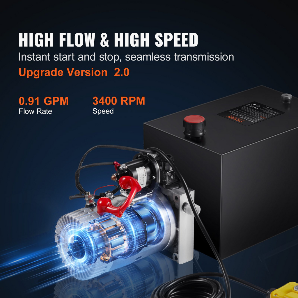Bomba hidráulica VEVOR, unidad de potencia hidráulica de 4 cuartos, bomba de remolque de volteo de acción simple, caudal de 0,91 GPM, presión de alivio máxima de 3200 PSI, bomba hidráulica de 12 V CC