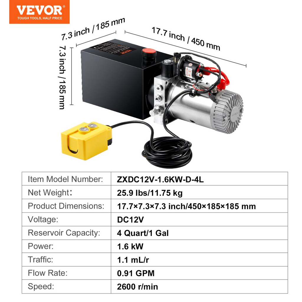 Bomba hidráulica VEVOR, unidad de potencia hidráulica de 4 cuartos, bomba de remolque de volteo de acción simple, caudal de 0,91 GPM, presión de alivio máxima de 3200 PSI, bomba hidráulica de 12 V CC