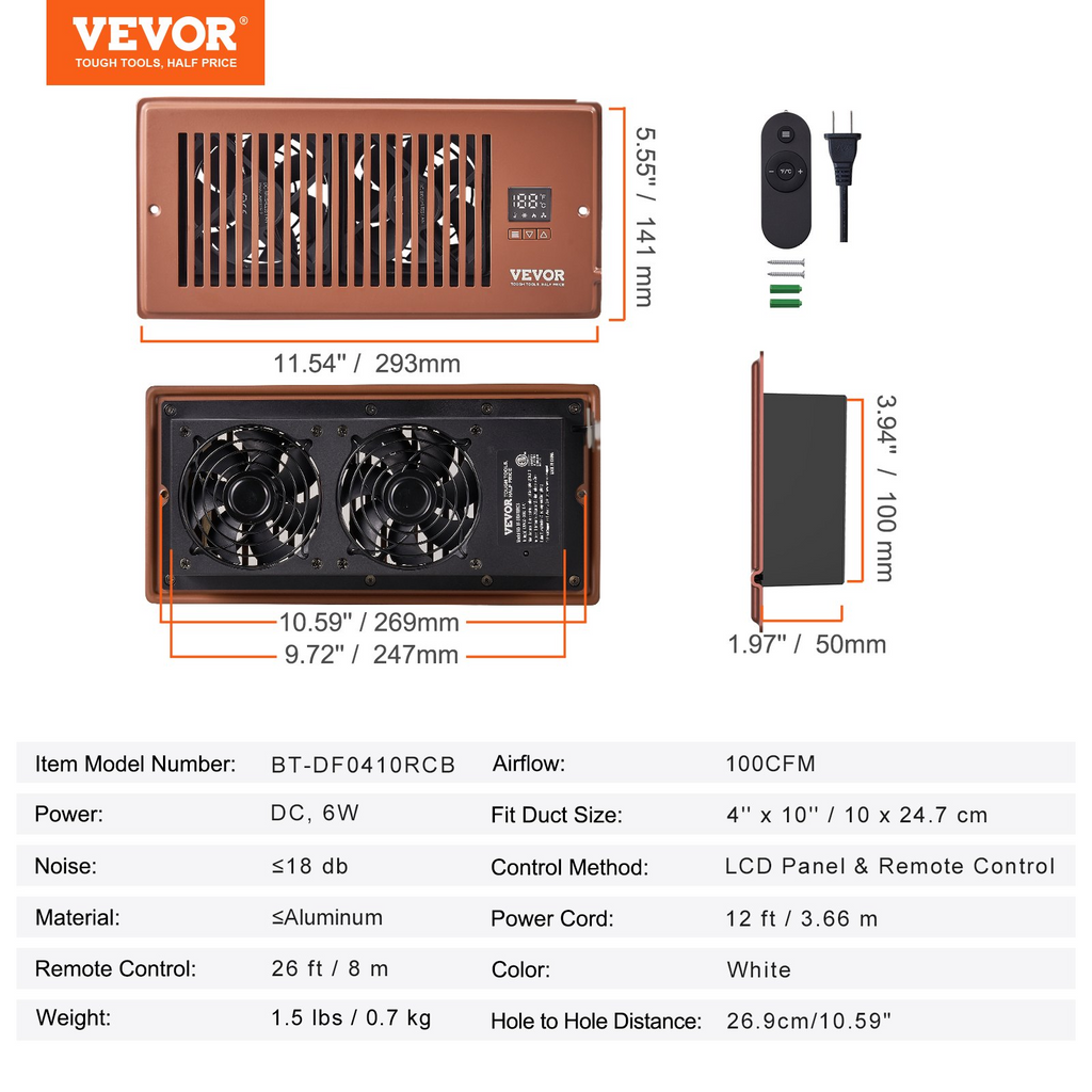 Ventilador de ventilación de refuerzo VEVOR silencioso apto para orificios de ventilación de 4" x 10"