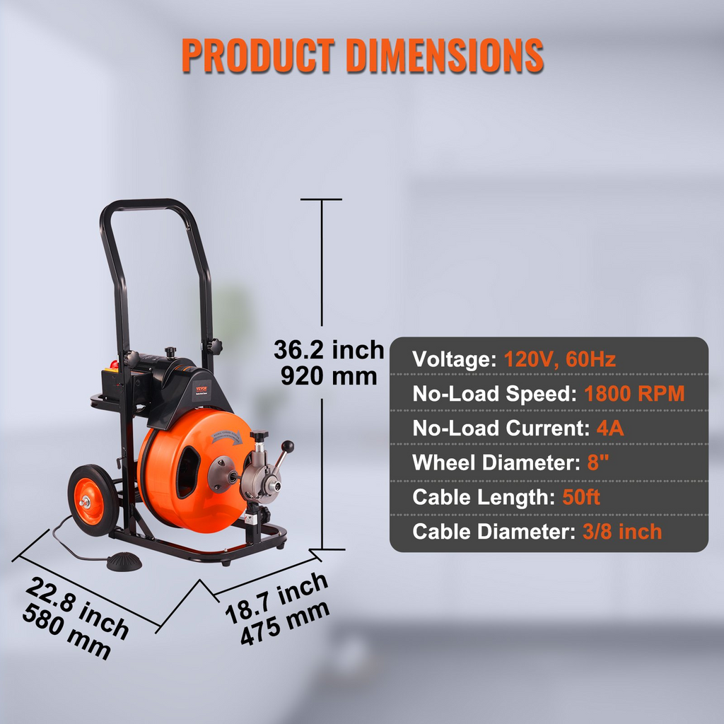 Máquina de limpieza de desagües VEVOR de 15 MTS  x 3/8 pulgadas, máquina desatascadora de alcantarillado con alimentación automática, limpiador de barrena de desagüe con 4 cortadores e interruptor de pie JH2
