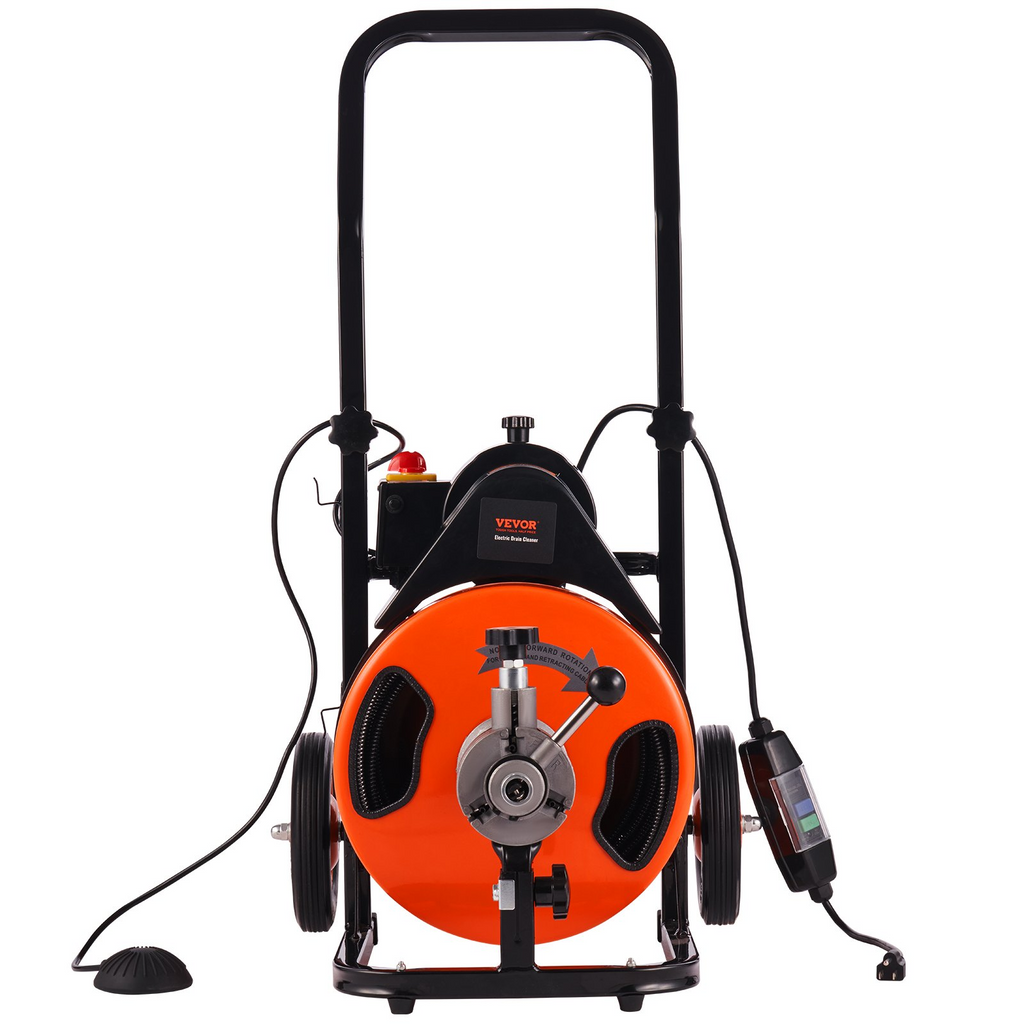 Máquina de limpieza de desagües VEVOR de 15 MTS  x 3/8 pulgadas, máquina desatascadora de alcantarillado con alimentación automática, limpiador de barrena de desagüe con 4 cortadores e interruptor de pie JH2