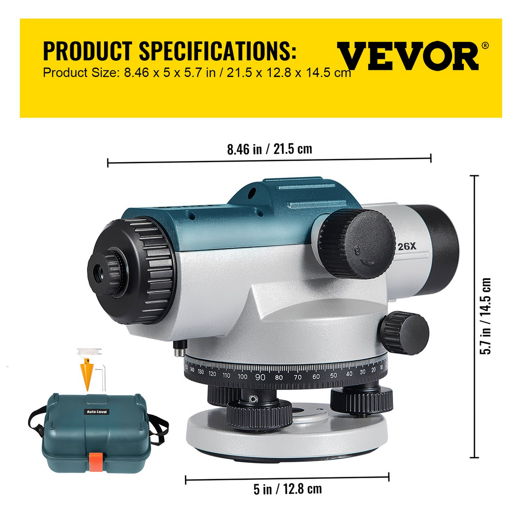 Nivel óptico automático VEVOR 26X IP54  Precisión de nivelación 1/16 "a 100 pies