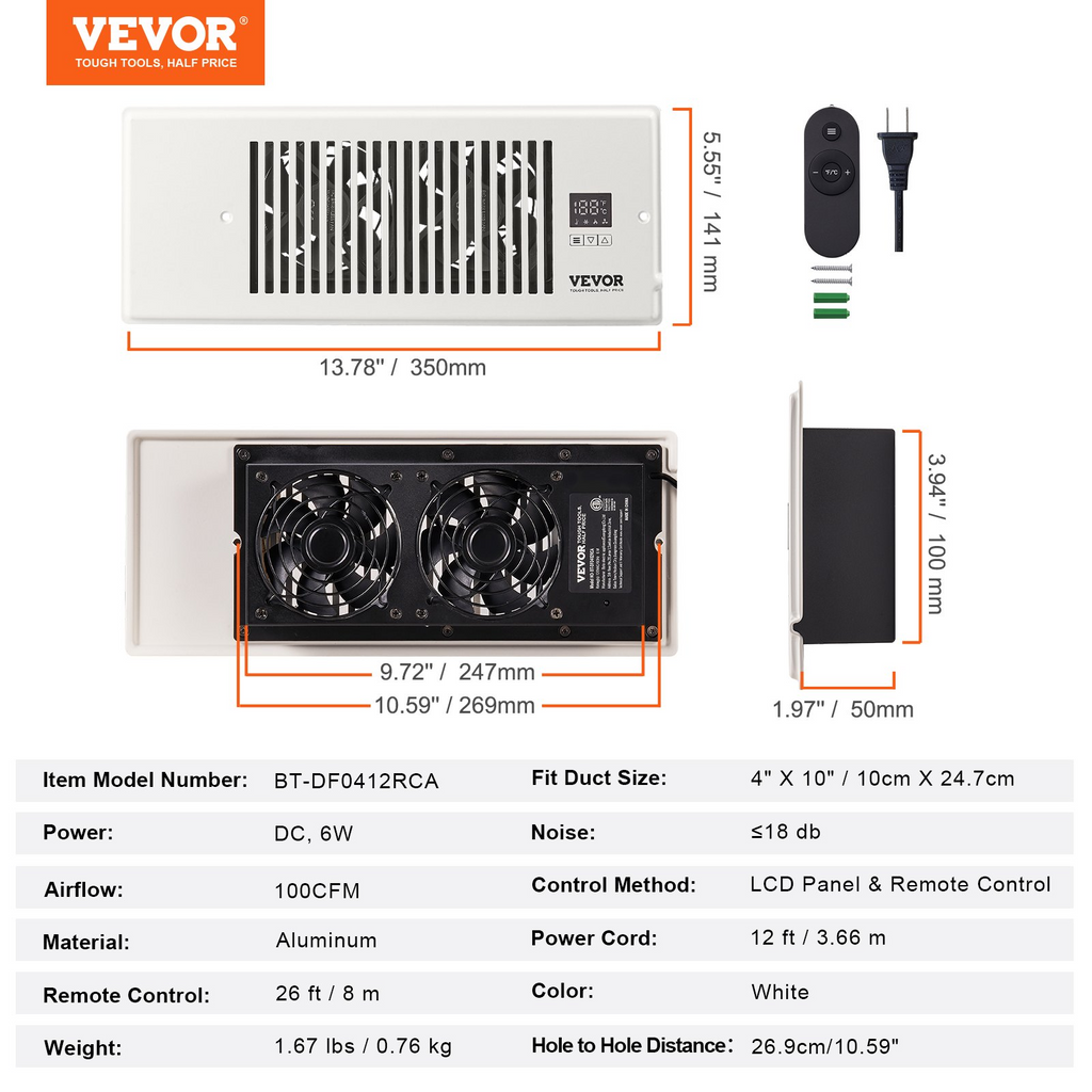 Ventilador de ventilación de refuerzo VEVOR apto para orificios de ventilación de 4" x 12"