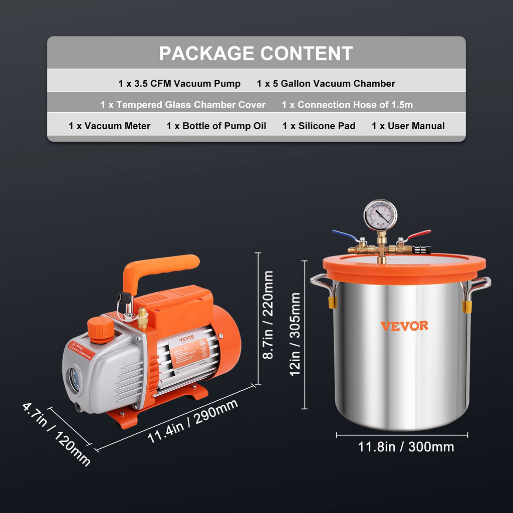 Kit de cámara de vacío de 5 galones + bomba de 3,5 CFM de VEVOR kit de desgasificación al vacío con tapa de vidrio templado JH2