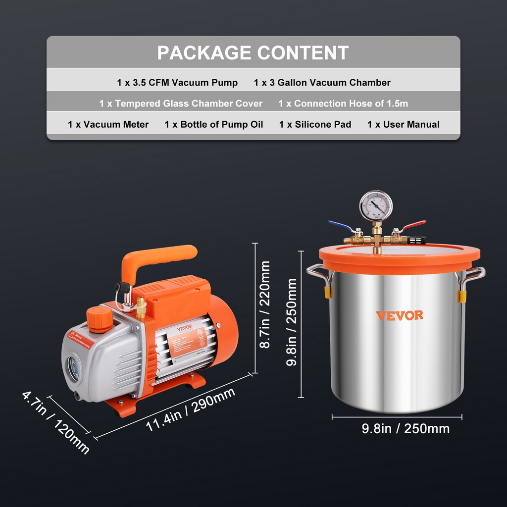 Kit de cámara de vacío de 3 galones + bomba de 3.5 CFM de VEVOR desgasificación al vacío con tapa de vidrio templado 1 etapa JH2
