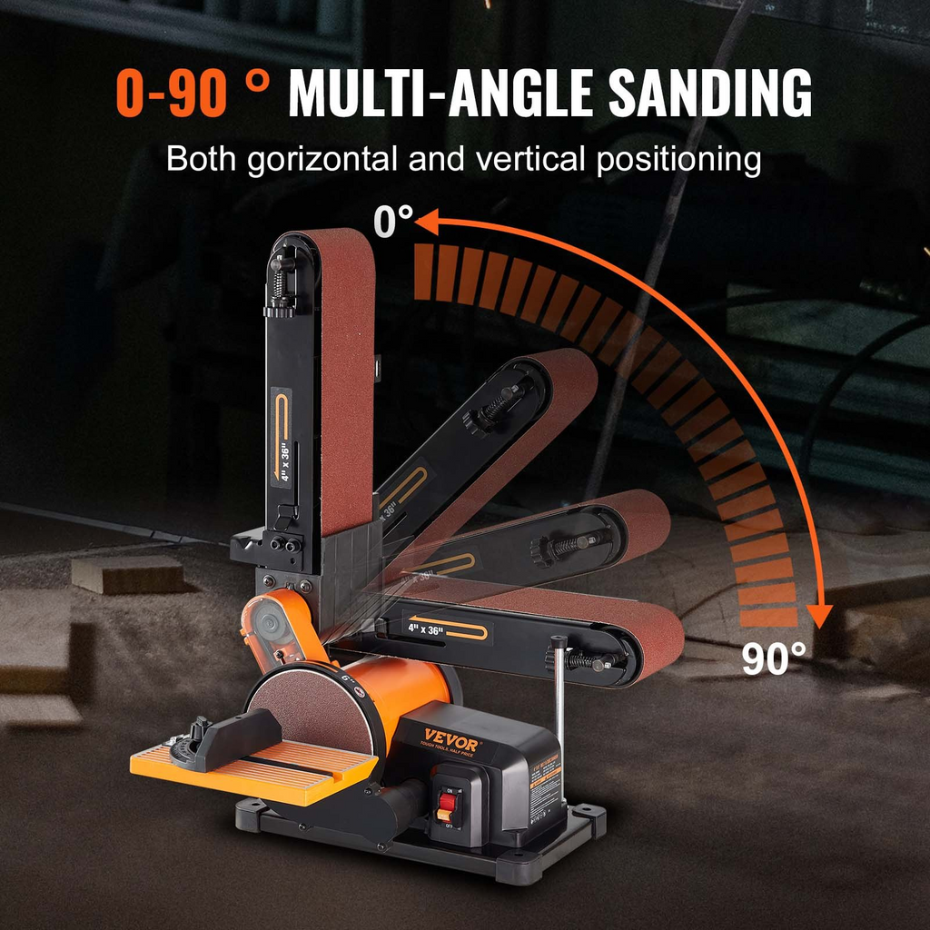 Lijadora de banda combinada VEVOR de 6" y lijadora de banda de 4" x 36" con motor de inducción de 4,3 A 3570 RPM banda inclinable de 0 a 90° y mesa de trabajo de aluminio fundido ajustable de 0 a 45°