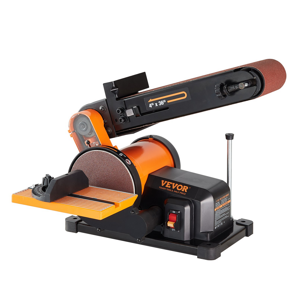 Lijadora de banda combinada VEVOR de 6" y lijadora de banda de 4" x 36" con motor de inducción de 4,3 A 3570 RPM banda inclinable de 0 a 90° y mesa de trabajo de aluminio fundido ajustable de 0 a 45°