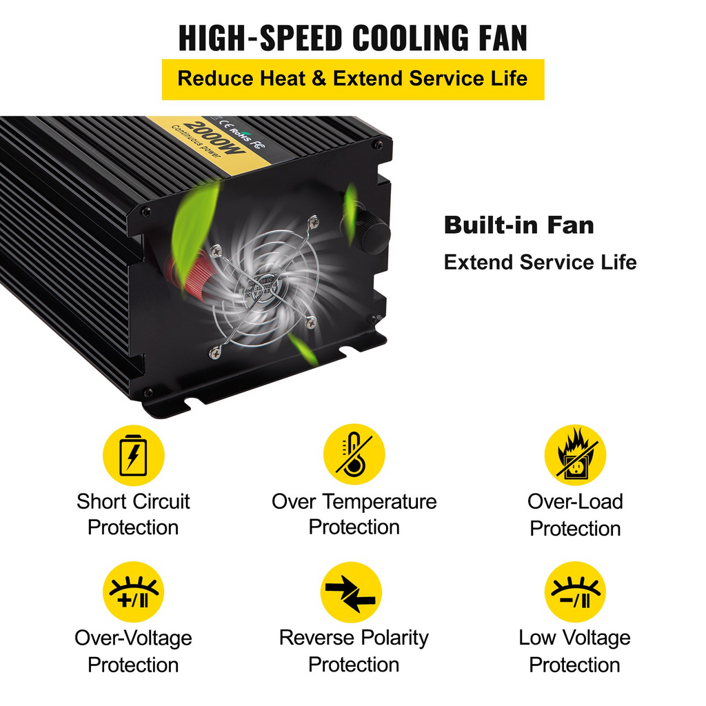 Inversor de corriente VEVOR 2000 W de CC de 12 V a CA de 120 V para automóvil