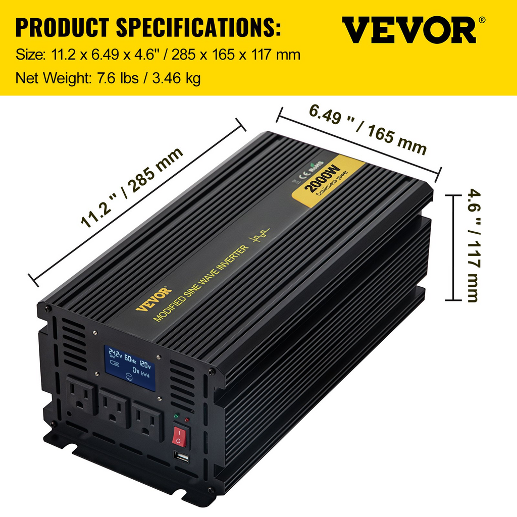 Inversor de corriente VEVOR 2000 W de CC de 12 V a CA de 120 V para automóvil