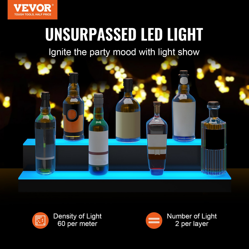 VEVOR Estante de exhibición de botellas de licor iluminado con LED 2 niveles de 30 pulgadas