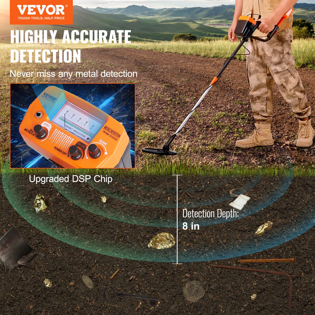 Detector de metales VEVOR para adultos y niños de 8 pulgadas con pantalla de puntero de alta precisión ajustable de 38'' a 49''