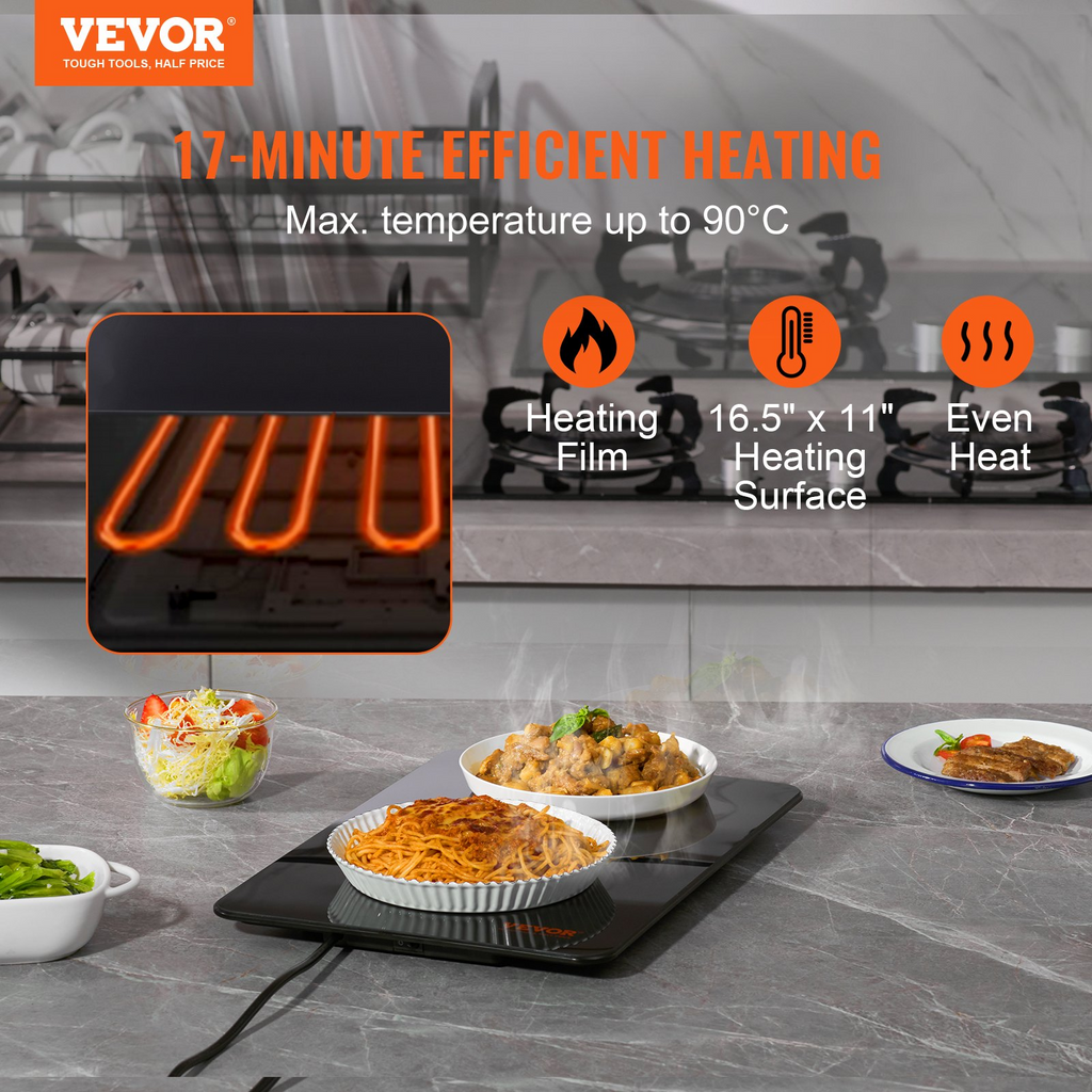 Bandeja calefactora eléctrica VEVOR portátil de vidrio templado de 16,5" x 11" con control de temperatura (65-90 ℃)