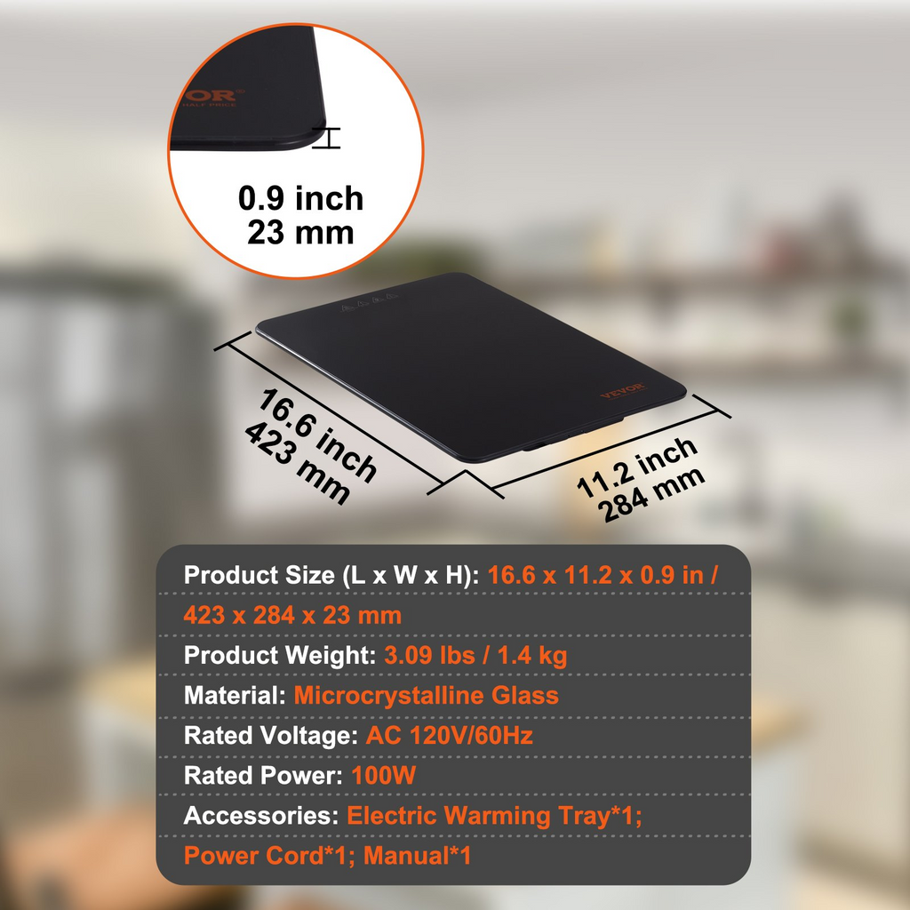 Bandeja calefactora eléctrica VEVOR portátil de vidrio templado de 16,5" x 11" con control de temperatura (65-90 ℃)