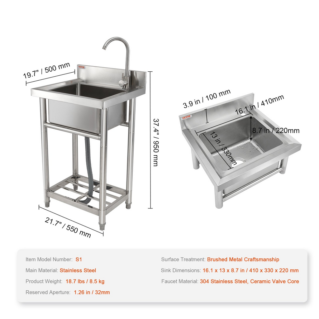 Fregadero de acero inoxidable VEVOR de 1 compartimento incluye grifo y patas 16 x 13 x 8,7 pulgadas