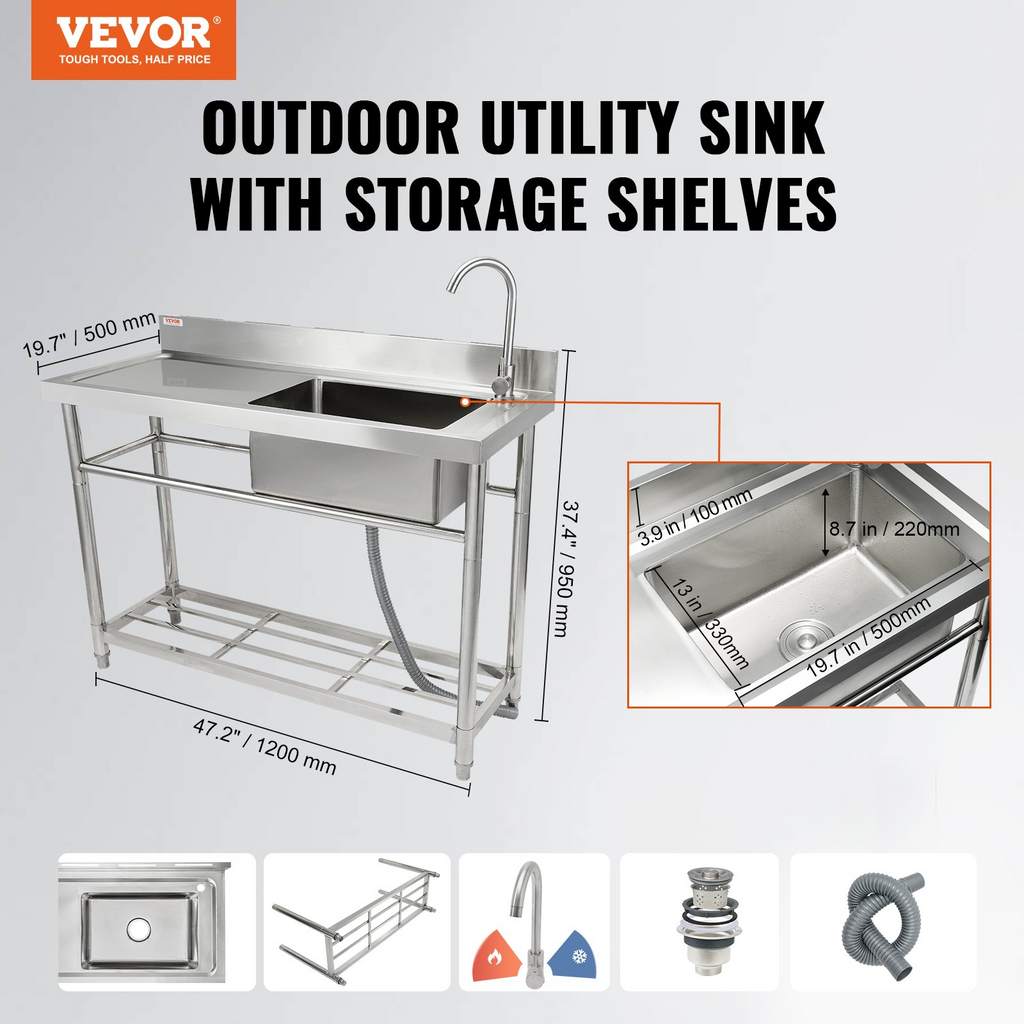Fregadero de acero inoxidable VEVOR 1 compartimento con grifo de banco de trabajo y patas 47,2 x 19,7 x 37,4 pulgadas